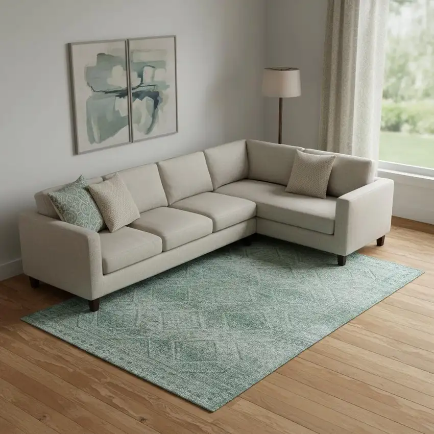 Teal And Pale Aqua Geometric Washable Area Rug With UV Protection Photo 2