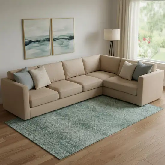 Teal And Pale Aqua Geometric Washable Area Rug With UV Protection Photo 2