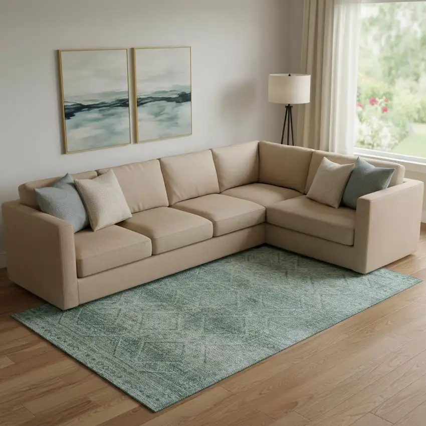 Teal And Pale Aqua Geometric Washable Area Rug With UV Protection Photo 2