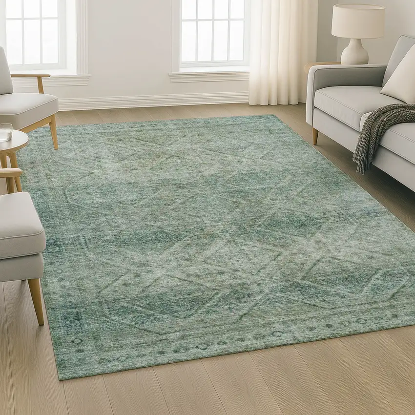 Teal And Pale Aqua Geometric Washable Area Rug With UV Protection Photo 6