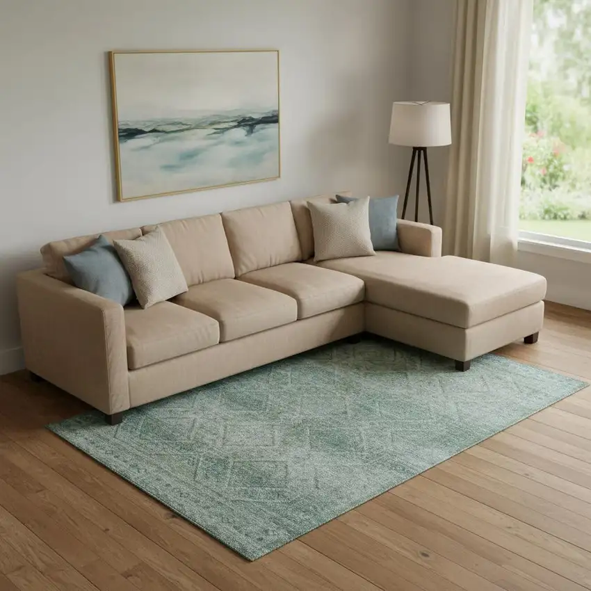 Teal And Pale Aqua Geometric Washable Area Rug With UV Protection Photo 2