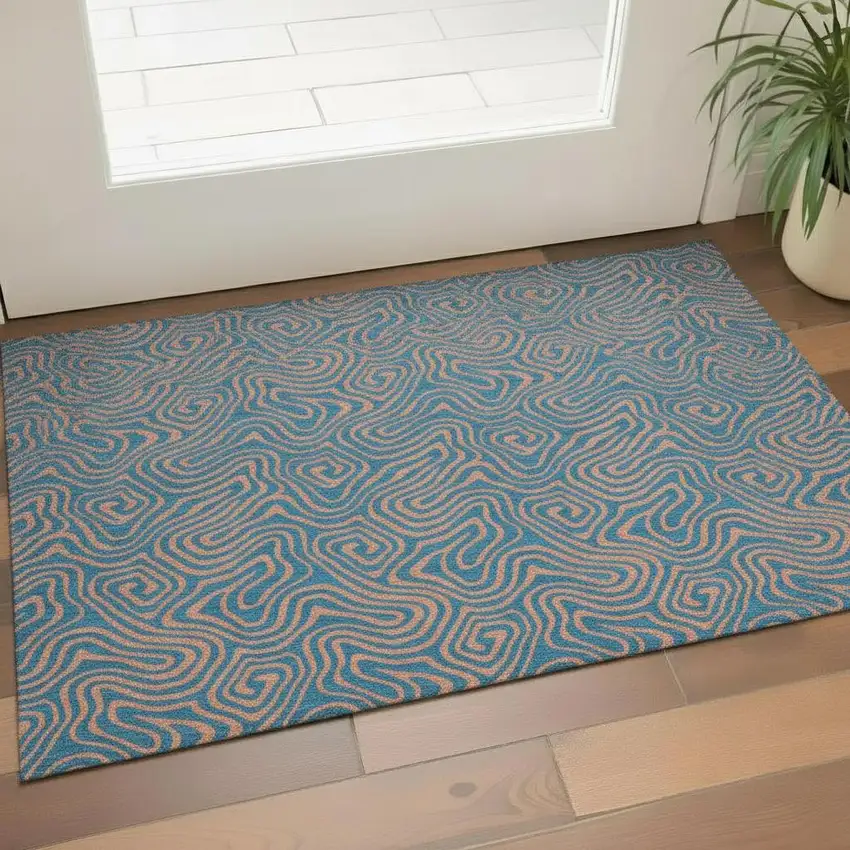 Teal And Peach Abstract Washable Area Rug With UV Protection Photo 2