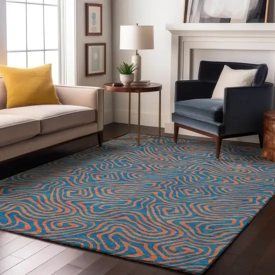 Teal And Peach Abstract Washable Area Rug With UV Protection Photo 4