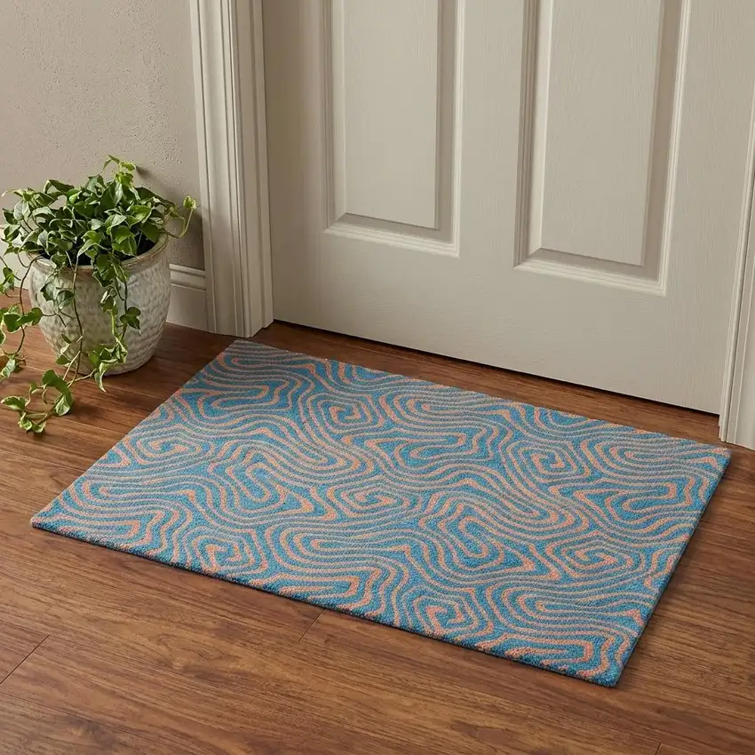 Teal And Peach Abstract Washable Area Rug With UV Protection Photo 1