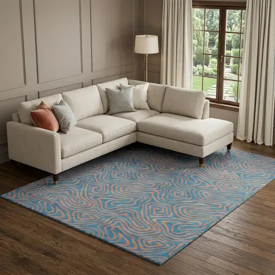 Teal And Peach Abstract Washable Area Rug With UV Protection Photo 1