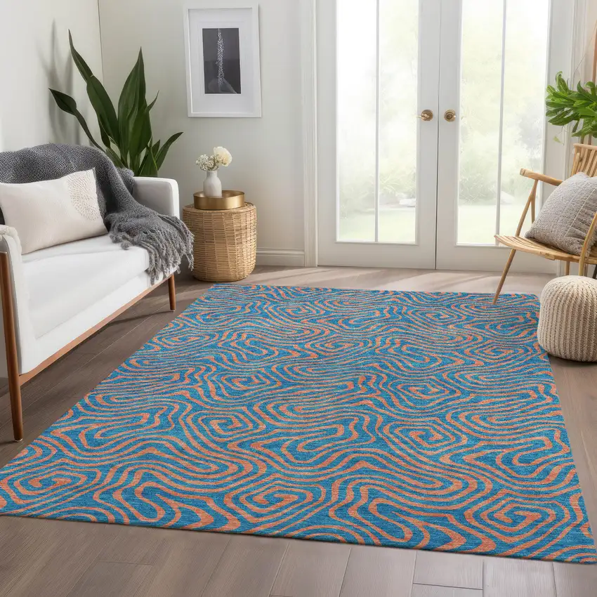 Teal And Peach Abstract Washable Area Rug With UV Protection Photo 5