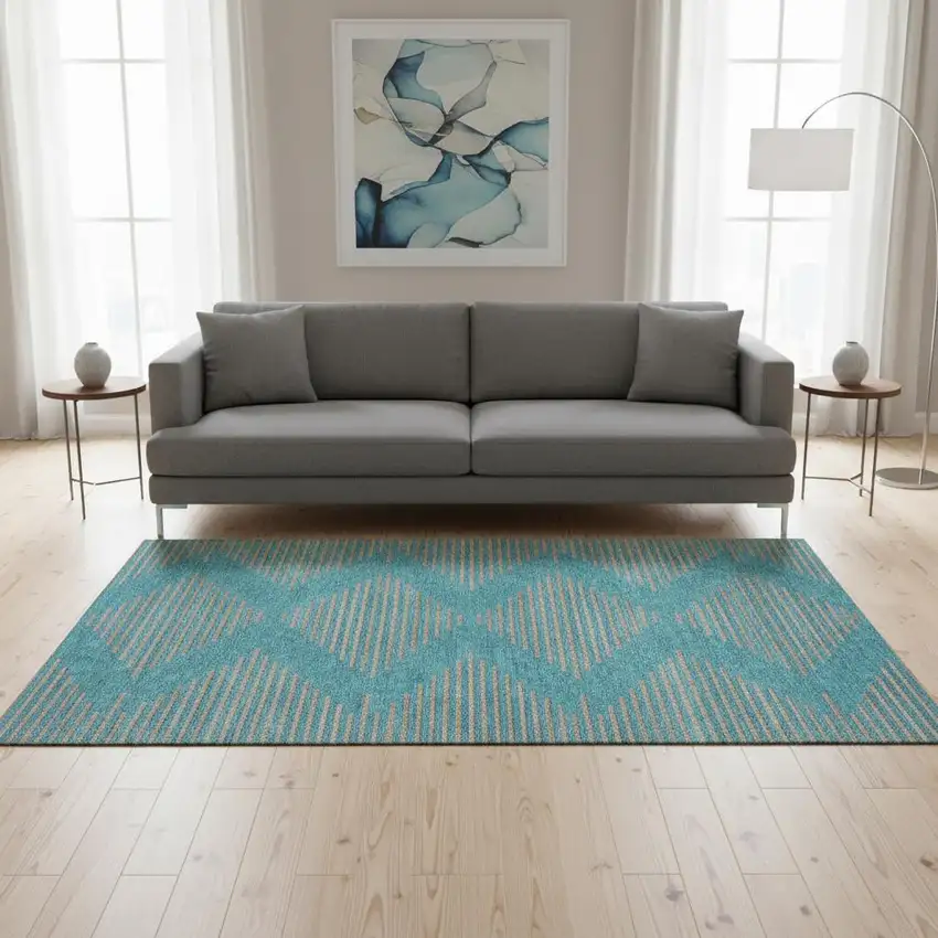 Teal And Peach Geometric Washable Area Rug With UV Protection Photo 2