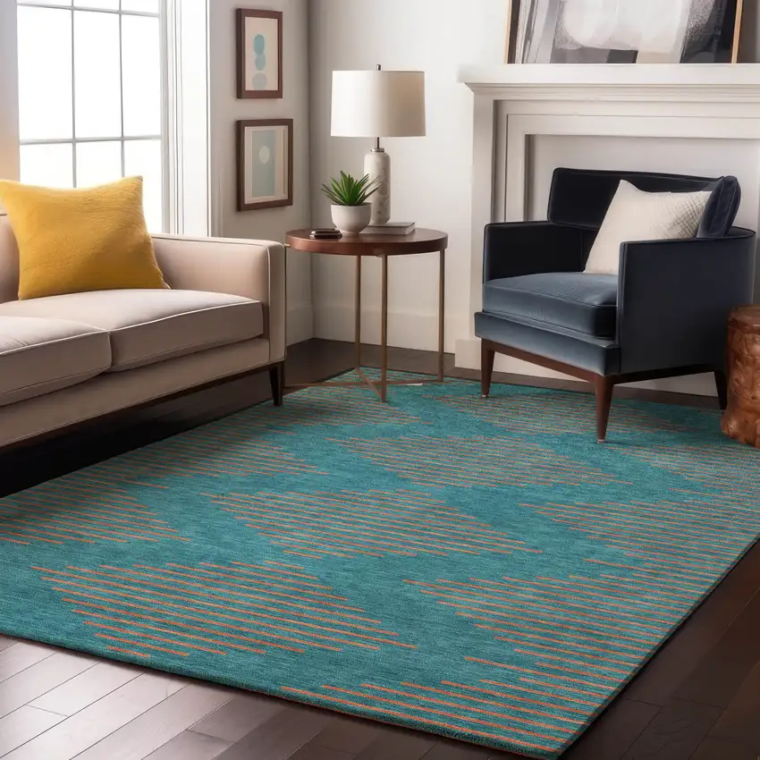 Teal And Peach Geometric Washable Area Rug With UV Protection Photo 4
