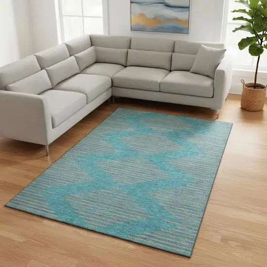 Teal And Peach Geometric Washable Area Rug With UV Protection Photo 2