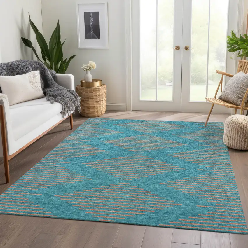 Teal And Peach Geometric Washable Area Rug With UV Protection Photo 5