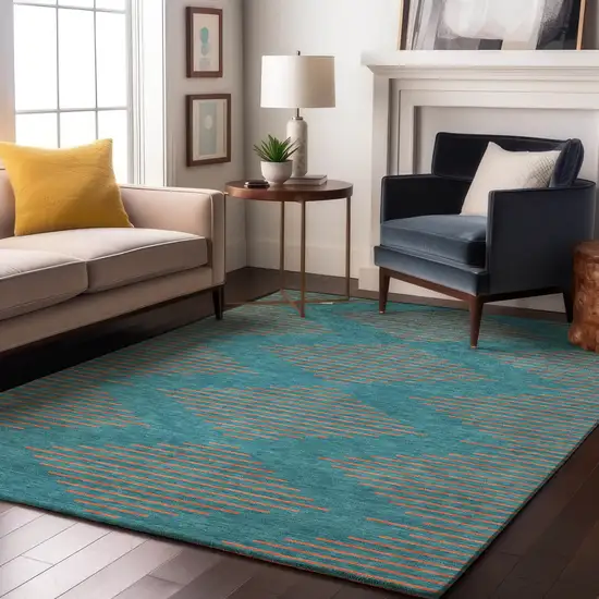 Teal And Peach Geometric Washable Area Rug With UV Protection Photo 4