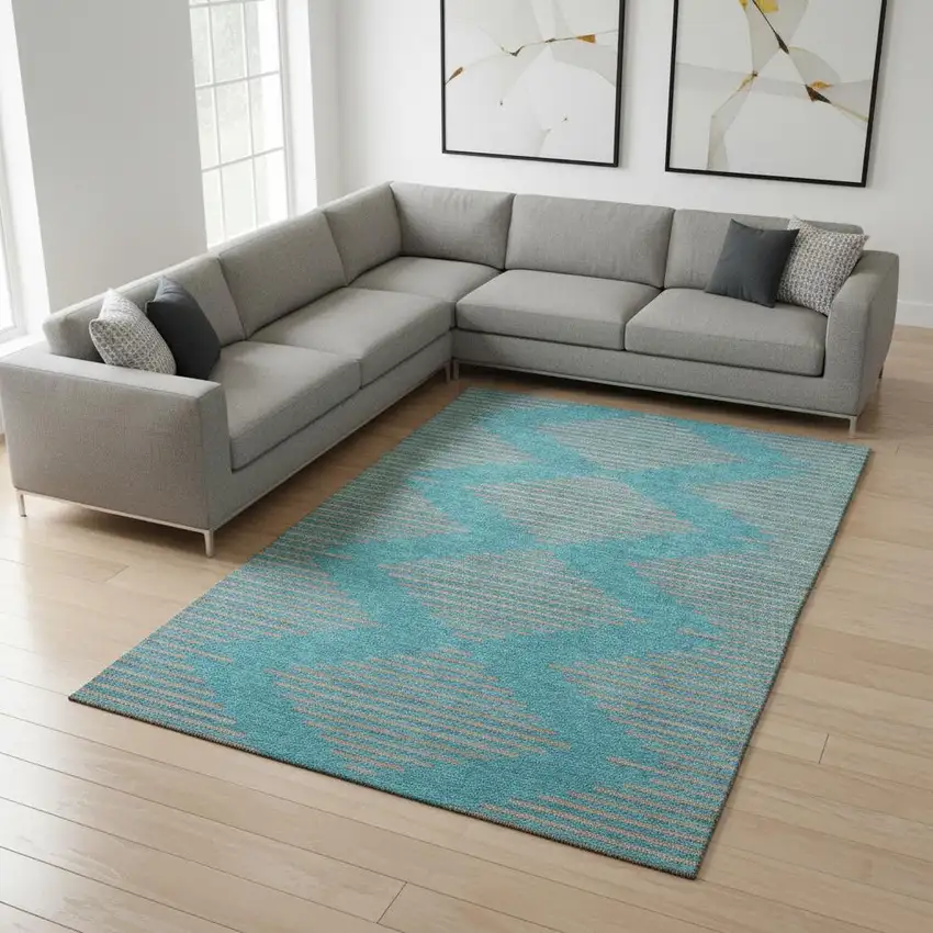 Teal And Peach Geometric Washable Area Rug With UV Protection Photo 2