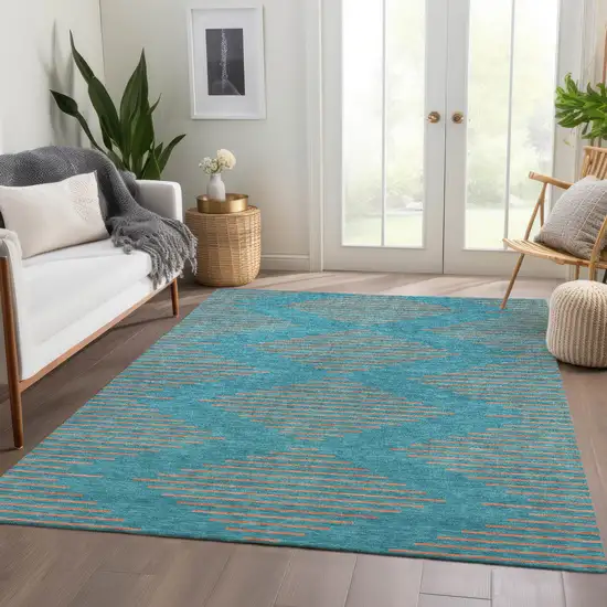 Teal And Peach Geometric Washable Area Rug With UV Protection Photo 5