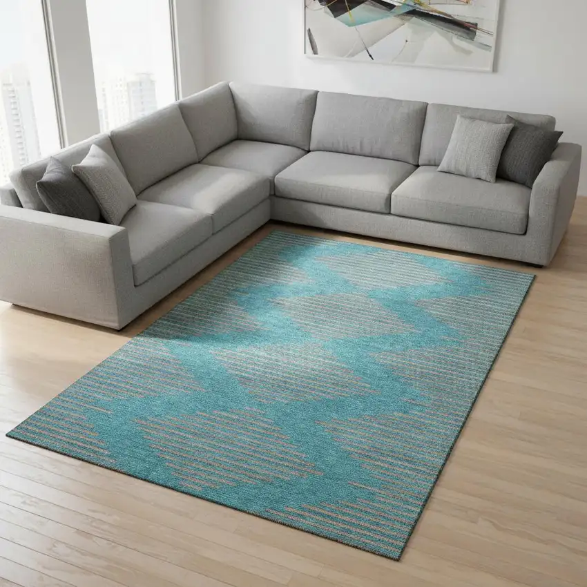 Teal And Peach Geometric Washable Area Rug With UV Protection Photo 2