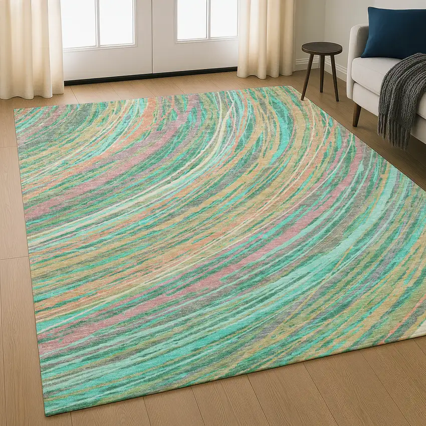 Teal And Pink Abstract Washable Area Rug With UV Protection Photo 5