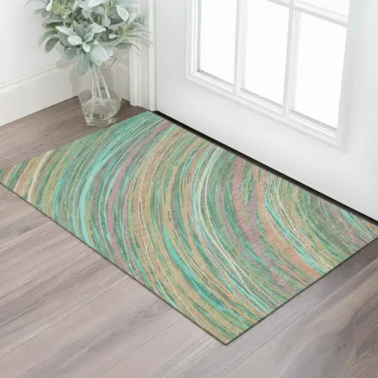 Teal And Pink Abstract Washable Area Rug With UV Protection Photo 2