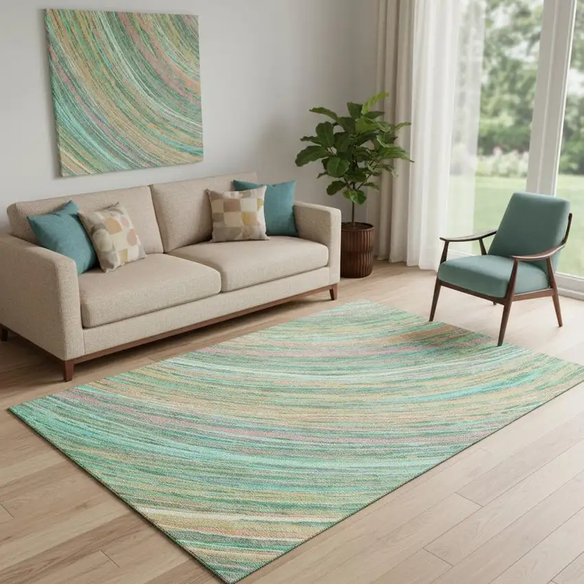 Teal And Pink Abstract Washable Area Rug With UV Protection Photo 2