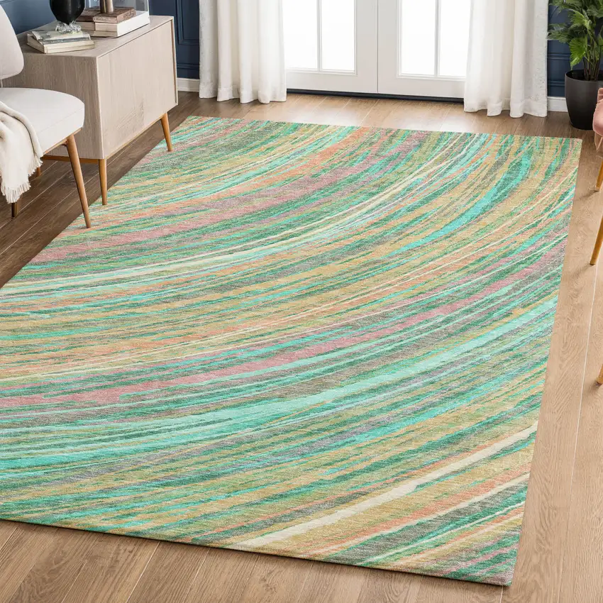 Teal And Pink Abstract Washable Area Rug With UV Protection Photo 6