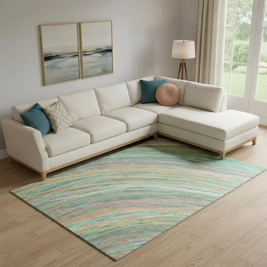 Teal And Pink Abstract Washable Area Rug With UV Protection Photo 2