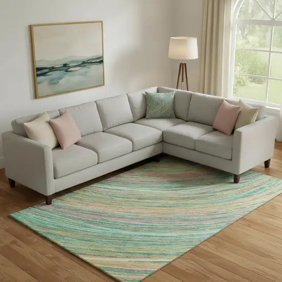 Teal And Pink Abstract Washable Area Rug With UV Protection Photo 2