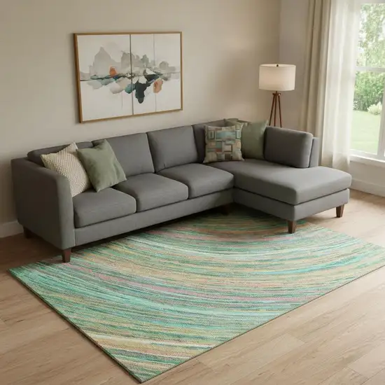 Teal And Pink Abstract Washable Area Rug With UV Protection Photo 2