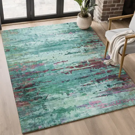 Teal And Plum Abstract Washable Area Rug With UV Protection Photo 4