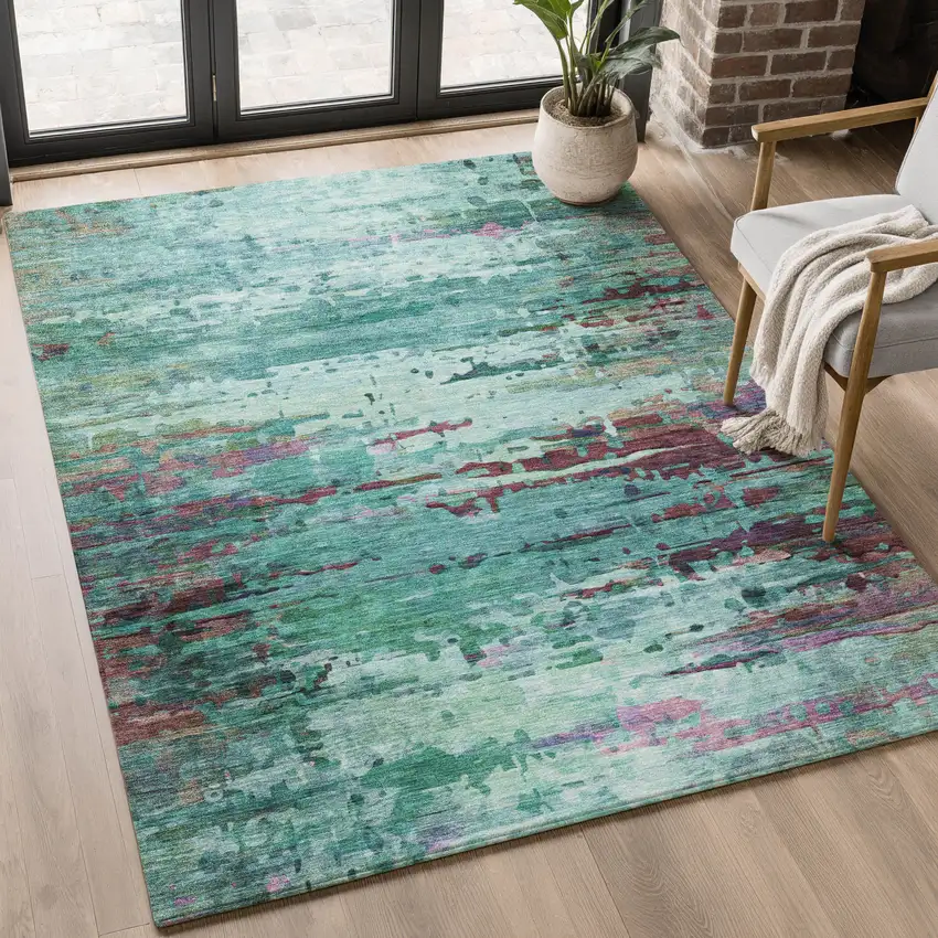 Teal And Plum Abstract Washable Area Rug With UV Protection Photo 4
