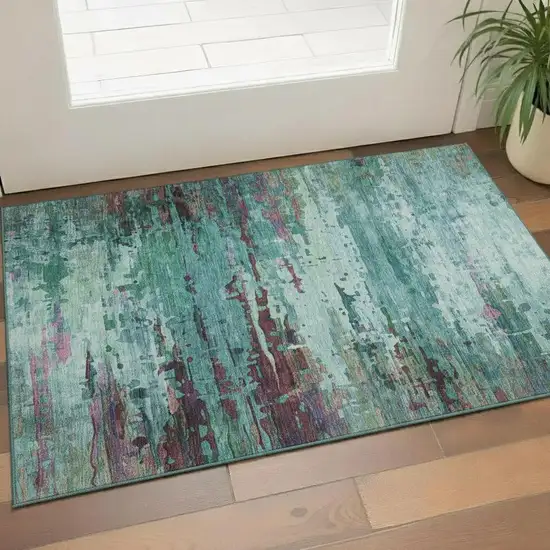 Teal And Plum Abstract Washable Area Rug With UV Protection Photo 2