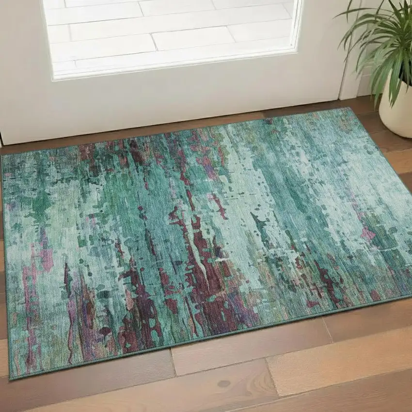 Teal And Plum Abstract Washable Area Rug With UV Protection Photo 2