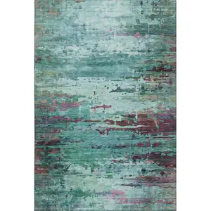 Photo of Teal And Plum Abstract Washable Area Rug With UV Protection