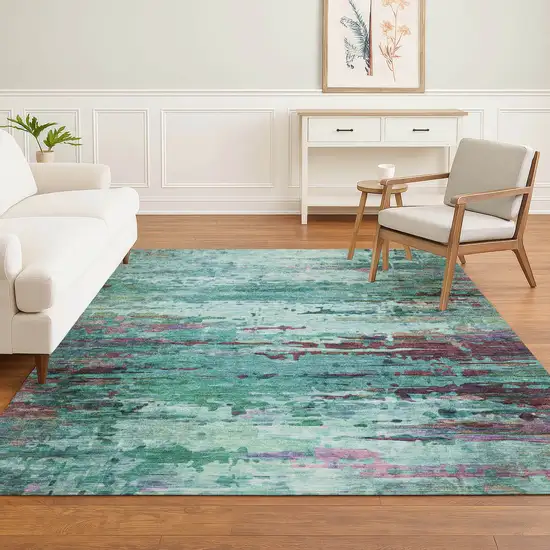 Teal And Plum Abstract Washable Area Rug With UV Protection Photo 6