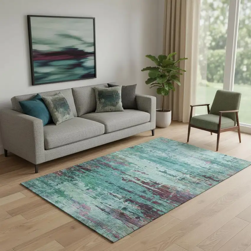 Teal And Plum Abstract Washable Area Rug With UV Protection Photo 2