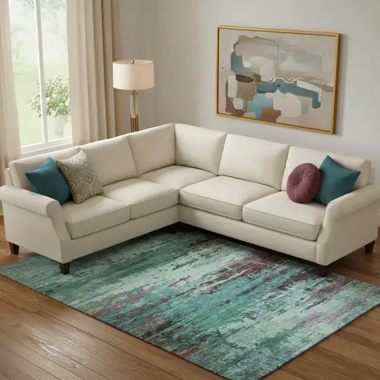 Teal And Plum Abstract Washable Area Rug With UV Protection Photo 2