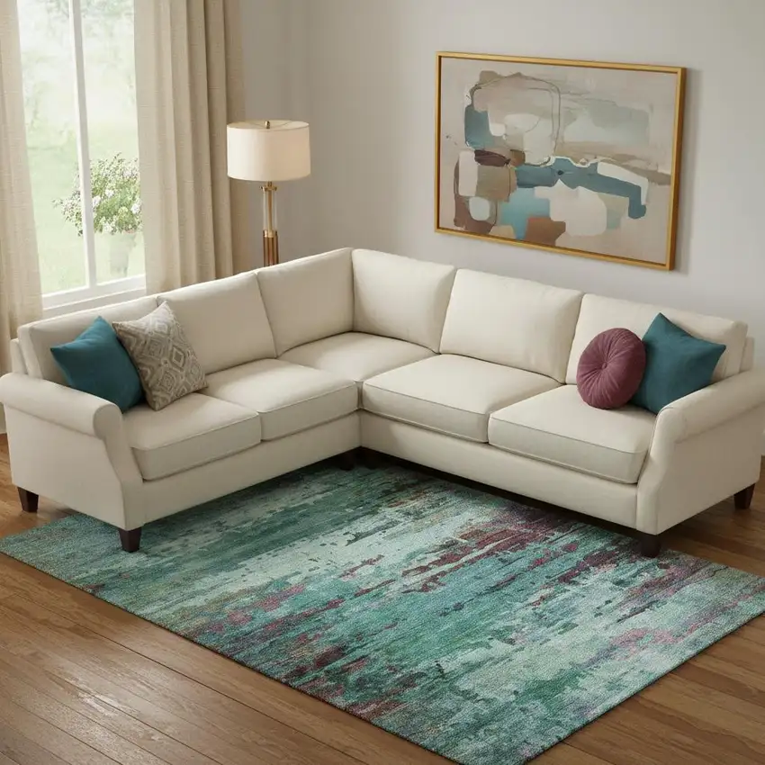 Teal And Plum Abstract Washable Area Rug With UV Protection Photo 2