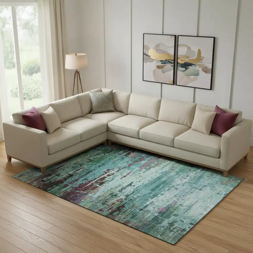 Teal And Plum Abstract Washable Area Rug With UV Protection Photo 2