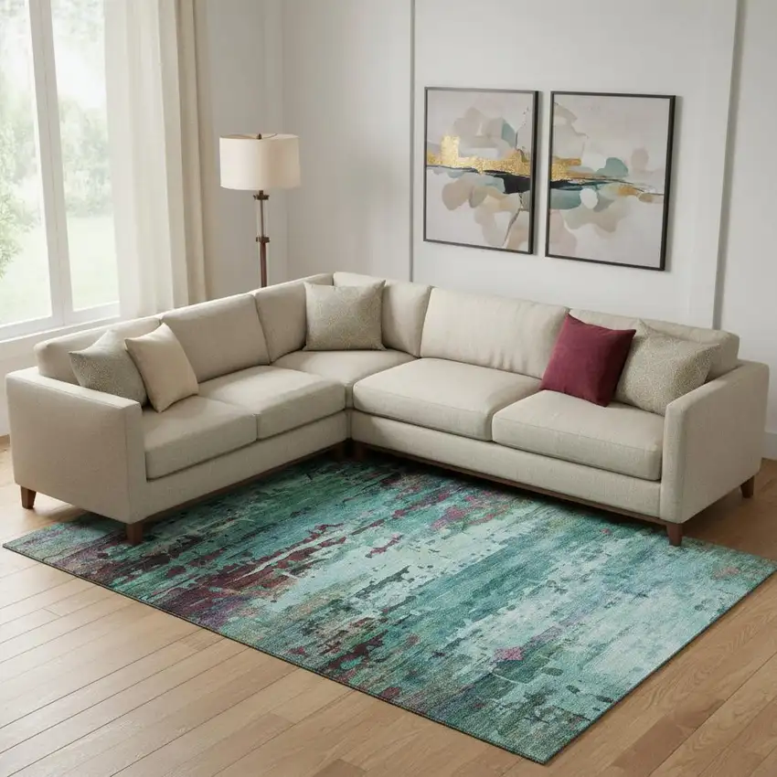 Teal And Plum Abstract Washable Area Rug With UV Protection Photo 2