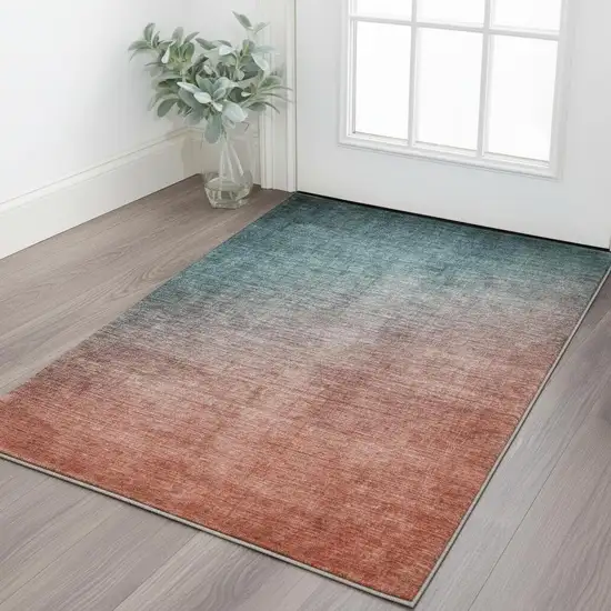 Teal And Rust Ombre Washable Area Rug With UV Protection Photo 2