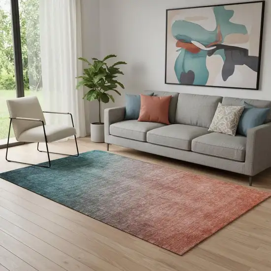 Teal And Rust Ombre Washable Area Rug With UV Protection Photo 1