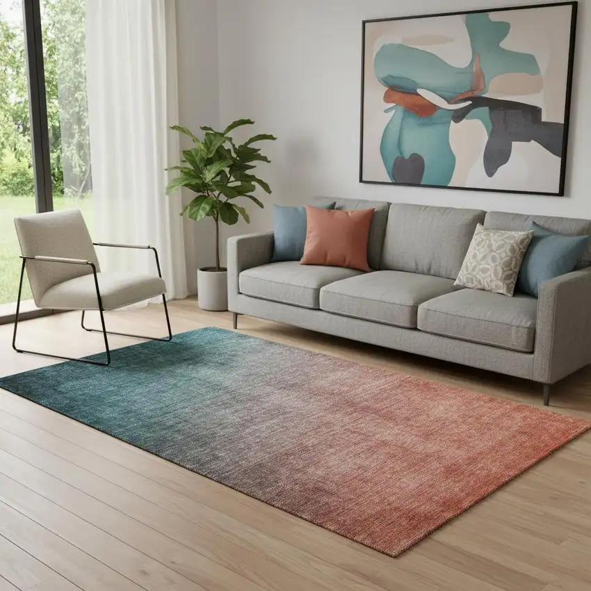 Teal And Rust Ombre Washable Area Rug With UV Protection Photo 1