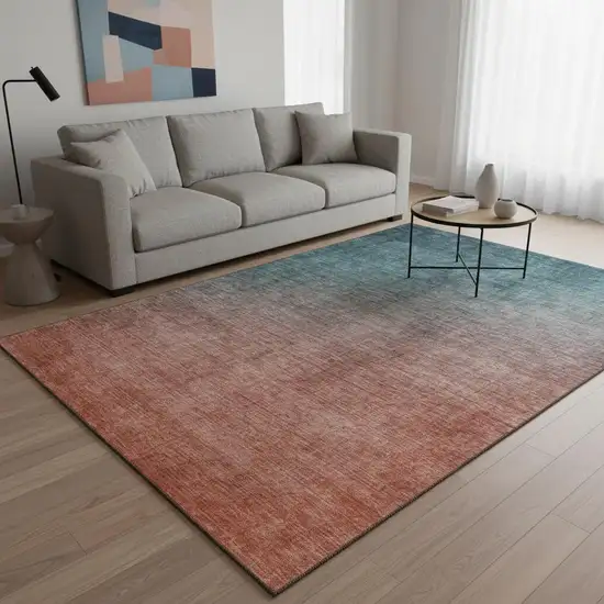 Teal And Rust Ombre Washable Area Rug With UV Protection Photo 2