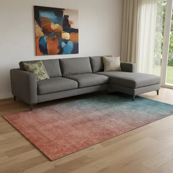 Teal And Rust Ombre Washable Area Rug With UV Protection Photo 1