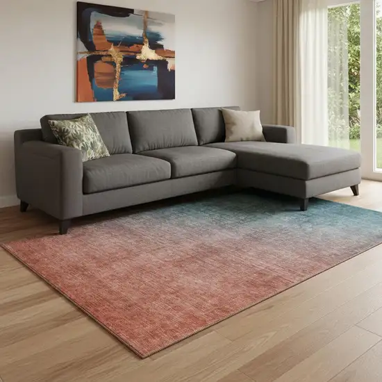 Teal And Rust Ombre Washable Area Rug With UV Protection Photo 1