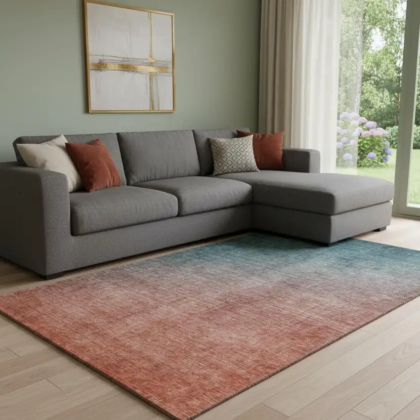 Teal And Rust Ombre Washable Area Rug With UV Protection Photo 1