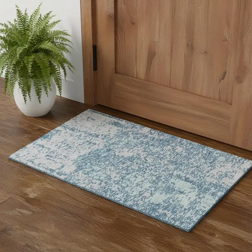 Teal And Silver Abstract Washable Area Rug With UV Protection Photo 1