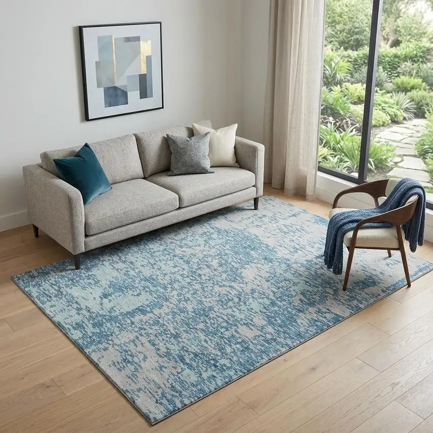 Teal And Silver Abstract Washable Area Rug With UV Protection Photo 1