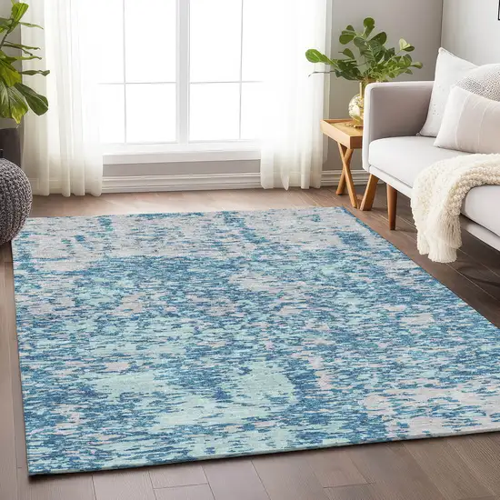 Teal And Silver Abstract Washable Area Rug With UV Protection Photo 4