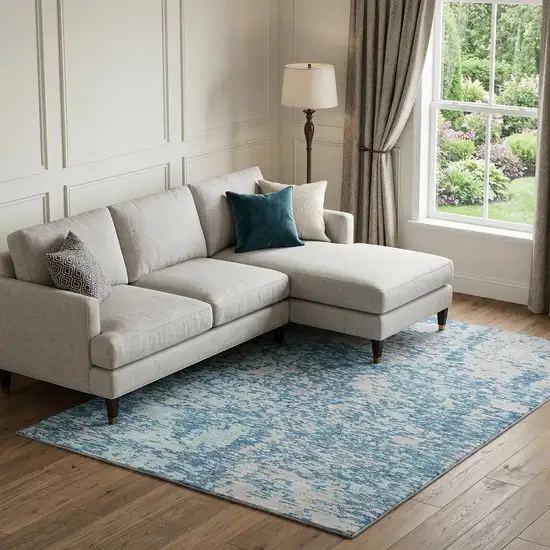 Teal And Silver Abstract Washable Area Rug With UV Protection Photo 1