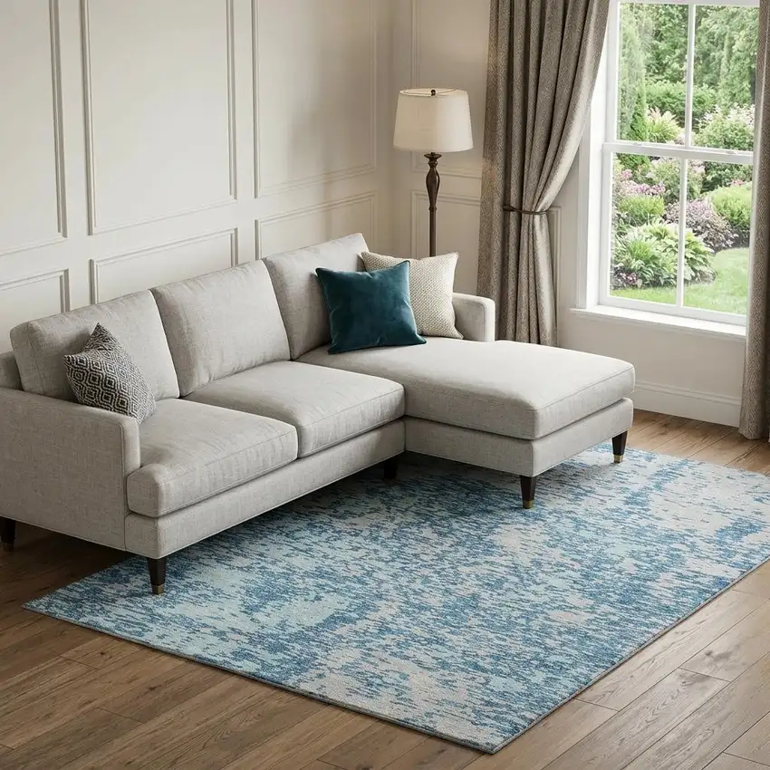 Teal And Silver Abstract Washable Area Rug With UV Protection Photo 1