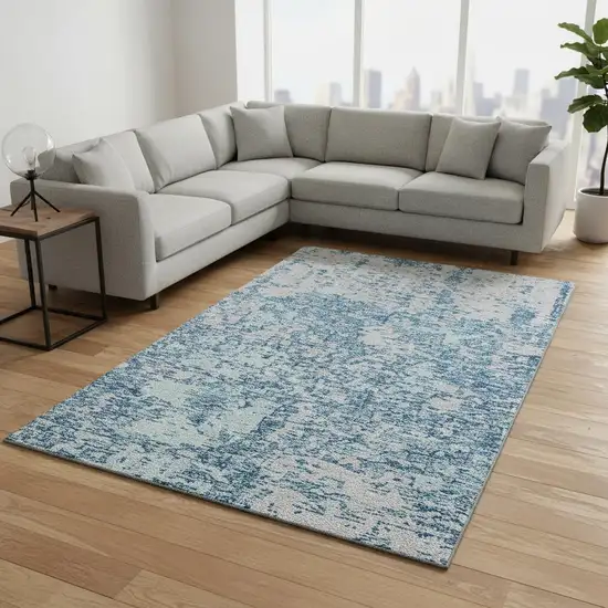 Teal And Silver Abstract Washable Area Rug With UV Protection Photo 2