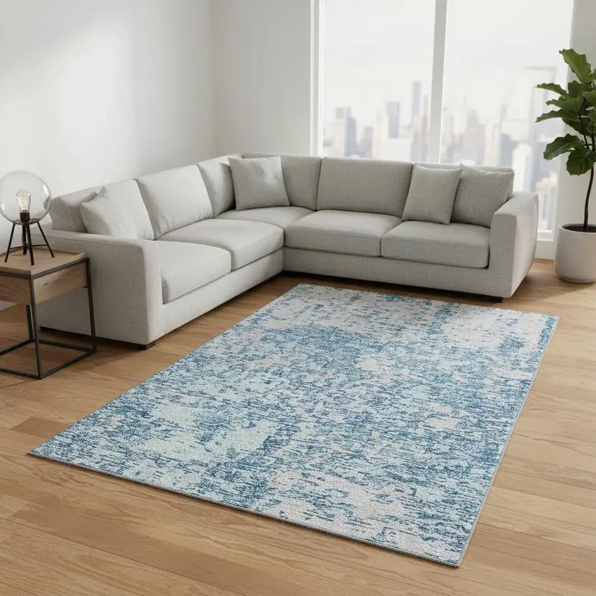 Teal And Silver Abstract Washable Area Rug With UV Protection Photo 2